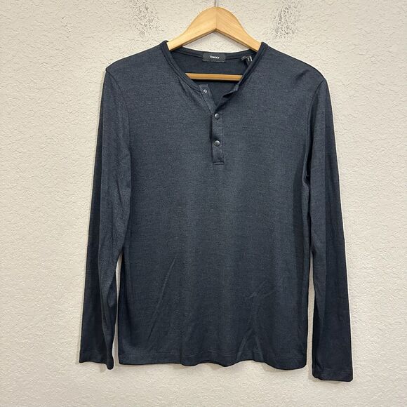 THEORY Snap Henley T-Shirt Charcoal Grey LS Tee Jersey Comfort Stretch - Picture 2 of 10